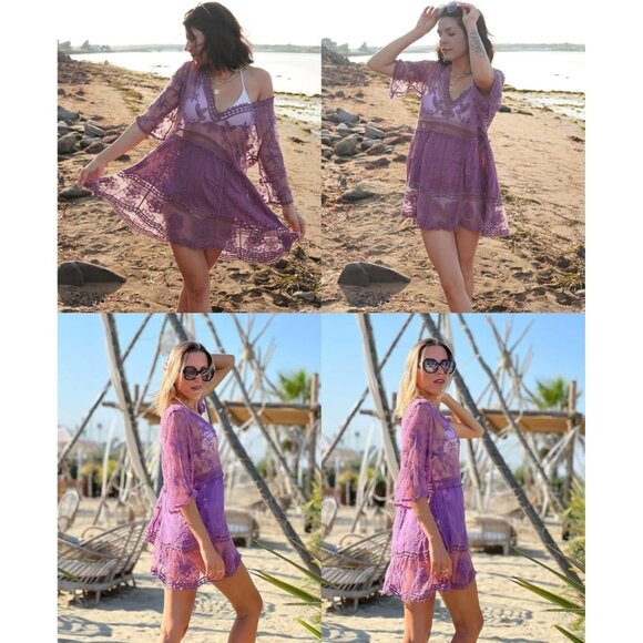 🆕Women Purple Lace Swimwear Cover Up V Neck Beach Dress Vacation Outfit - Picture 6 of 6